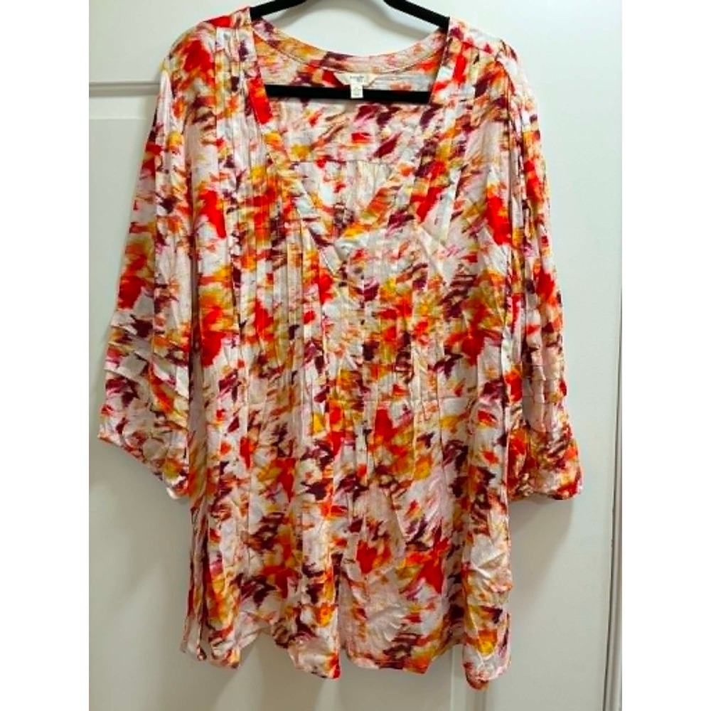 Terra & Sky Womens 2X Abstract Floral V-Neck Tunic Top Boho Peasant Blouse NWT